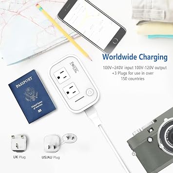 FOVAL Power Step Down 220V to 110V Travel Voltage Converter International Power Adapter for Hair Straightener/Curling Iron with 4-Port USB Charging US/UK/AU/EU Universal Plug Adapter (White)