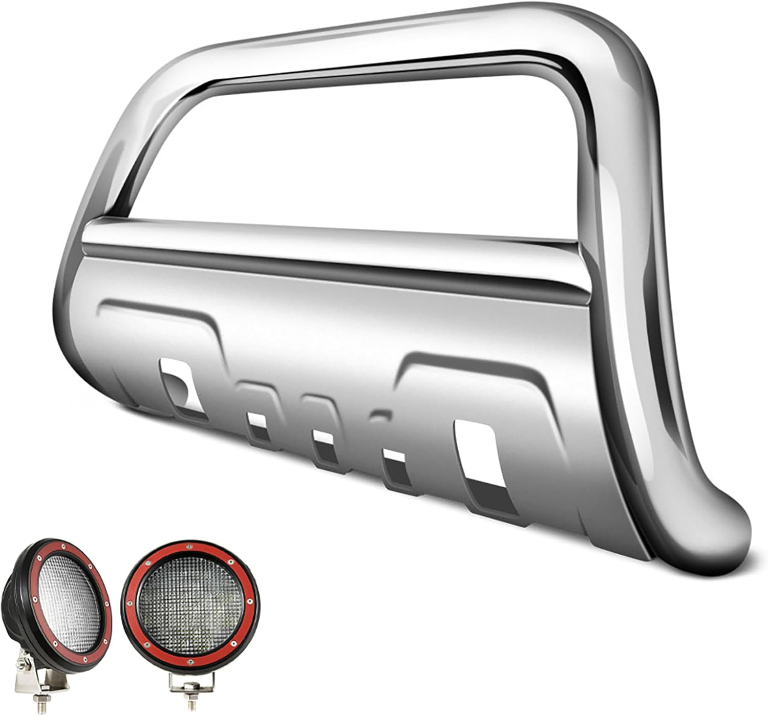 Black Horse SAVANNAH Bull Bar Skid Plate Stainless Steel Come With Pair of 5.3" Dia. LED Flood Lights with Red Trim Rings Compatible with 2016-2023 Toyota Tacoma-BB096410-SP-35OV-PLFR