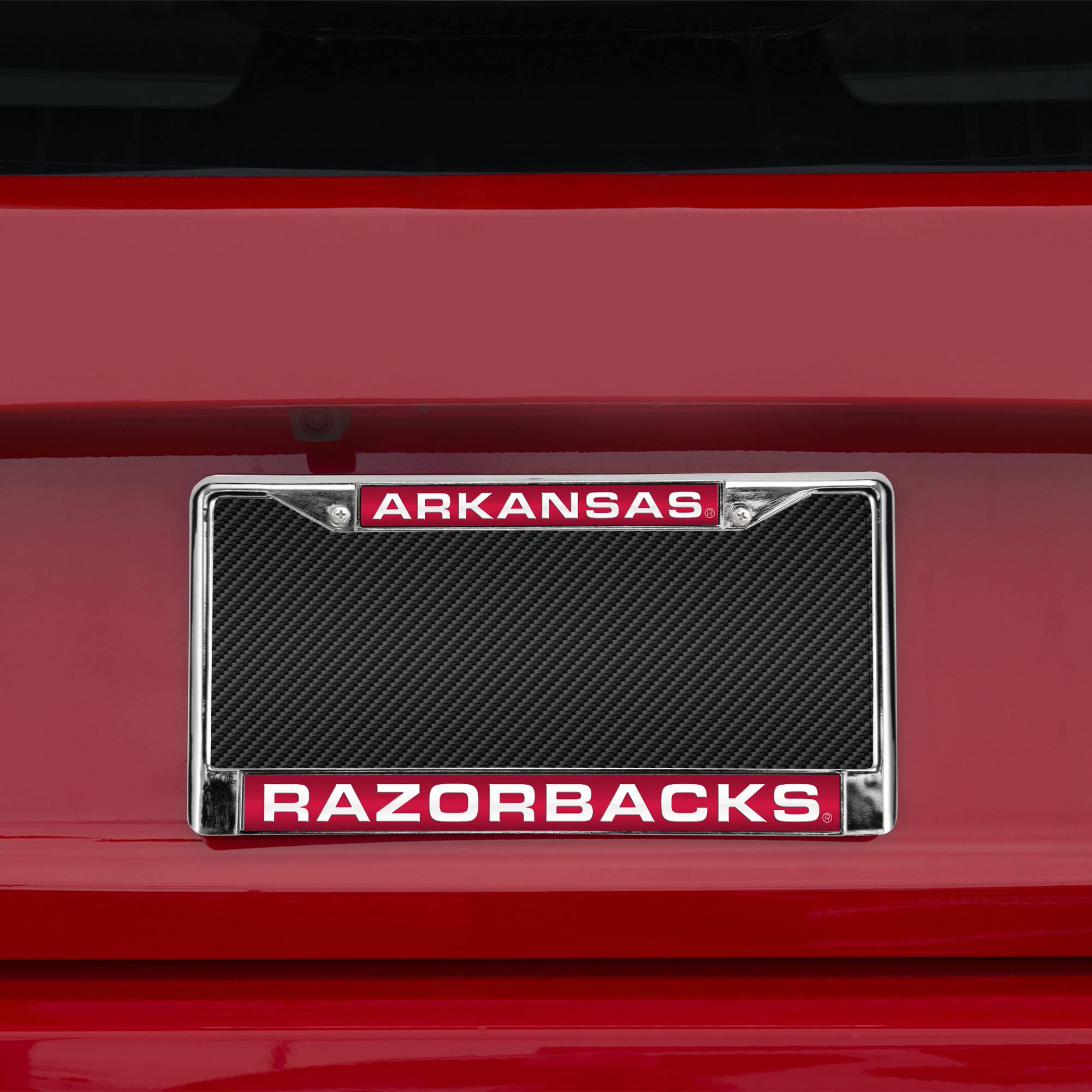 Rico Industries NCAA Arkansas Razorbacks - Red Insert Laser Cut Inlaid Standard Chrome License Plate Frame , 6 x 12.25-inches