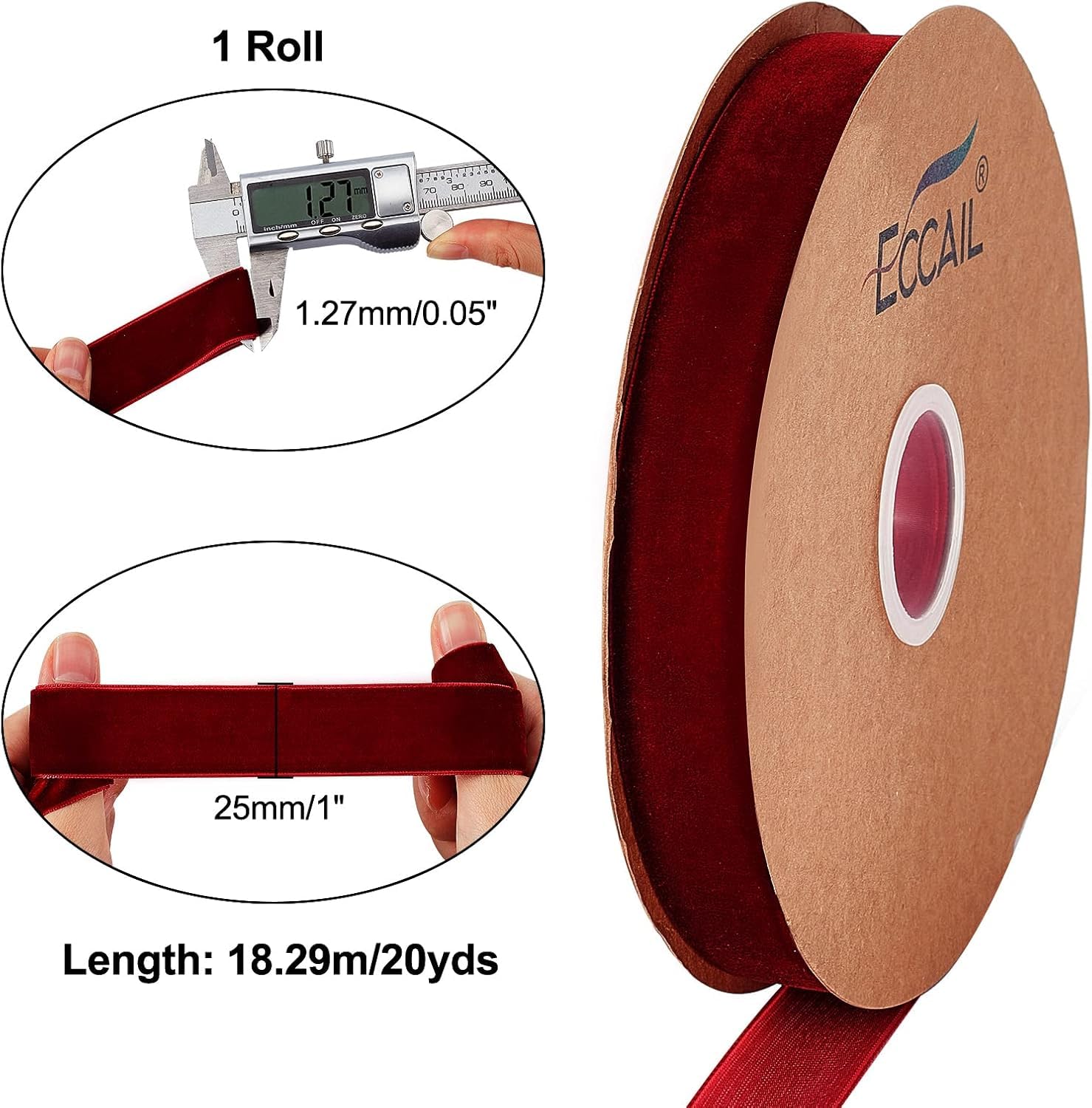 arricraft Circa 18 m di Nastro di Velluto A Lato Singolo, Rotolo di Nastro di Raso Rosso Scuro Largo 25 mm per Confezioni Regalo di Nozze Fiocchi per Capelli Organizzazione Decorazione per La Casa