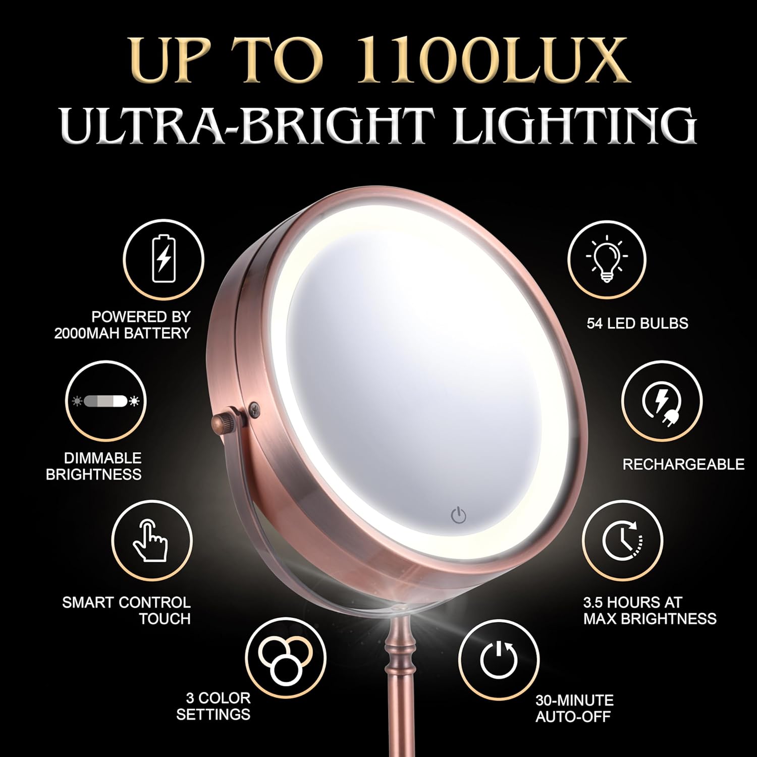 MIRRORVANA Lighted Make Up Mirror with 15X Magnification - 15X & 1X Double Sided LED Makeup Mirror with 3 Lighting Modes, Rechargeable Battery with USB Cable - 8" Wide & 15" Tall (Antique Bronze) - Image 3