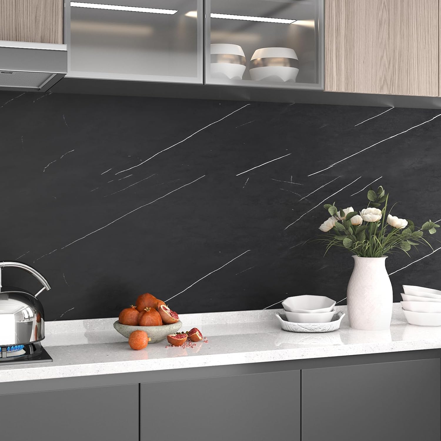 Matte Black Marble Countertop Contact Paper Peel and Stick Marble Wallpaper Black Vinyl Wrap for Countertops Waterproof 15.7"x472" Self Adhesive Removable Dark Kitchen Wallpaper for Cabinets