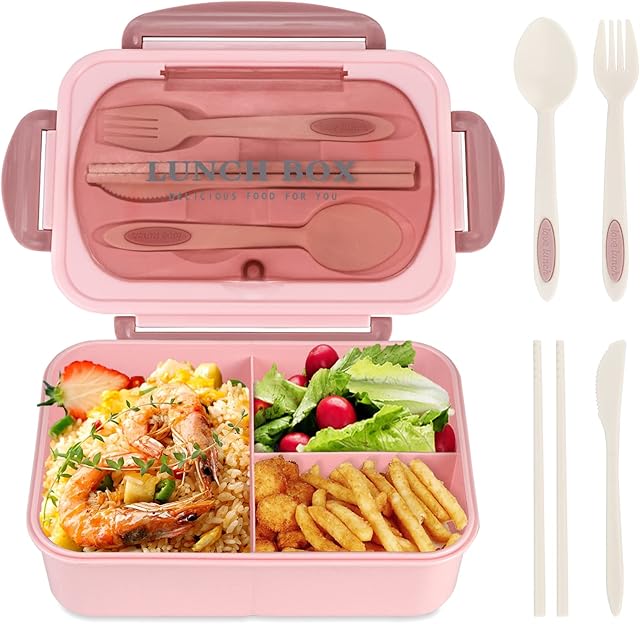 Kisstta Lunch Box for Adults, 1200ml Kids Bento Box with 3 Compartments, Leakproof Bento Lunch Box with Utensils, Pink