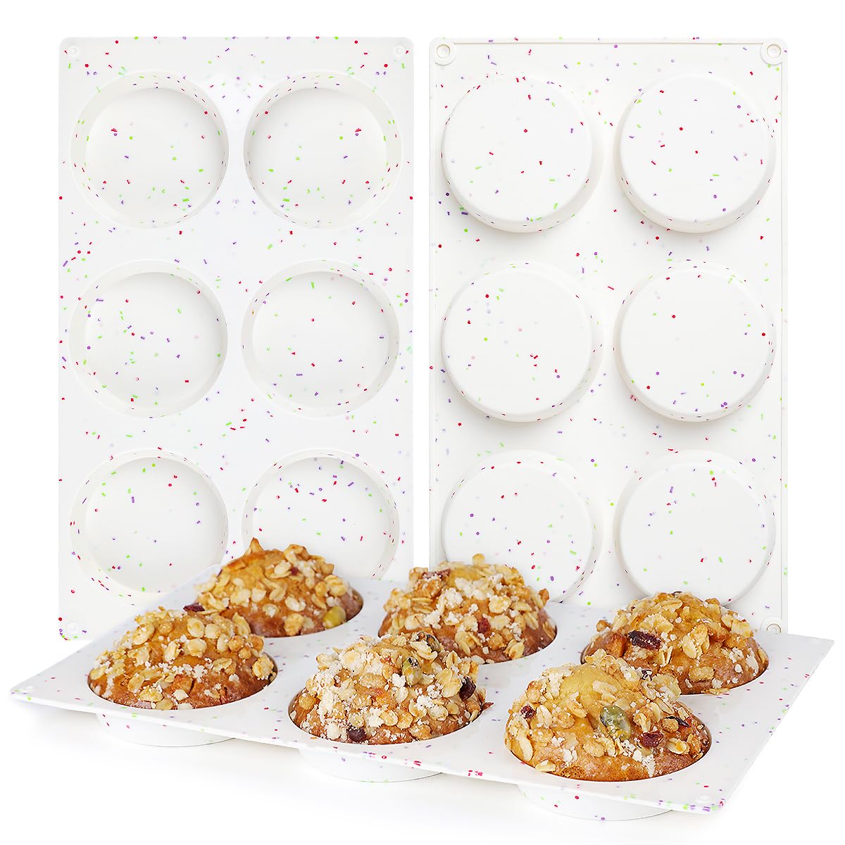 CAKETIME Muffin-Backform, Silikon-Eierformen für Frühstück, Sandwiches, 7,6 cm, runde Backform für Ofen, englische Muffins, Whoopie Pies, Maisbrot, Eierbissen, Torten, 3 Stück Konfetti