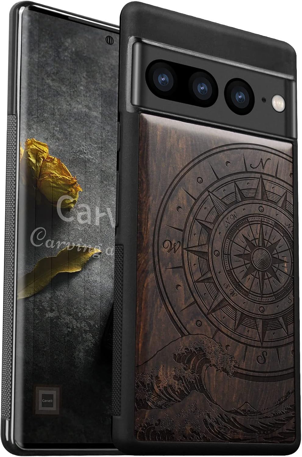 Carveit Wood Case for Pixel 7 Case [Natural Wood & Black Soft TPU] Shockproof Protective Unique & Classy Wooden Cover Compatible with Google Pixel 7 (Waves & Compass-Blackwood)