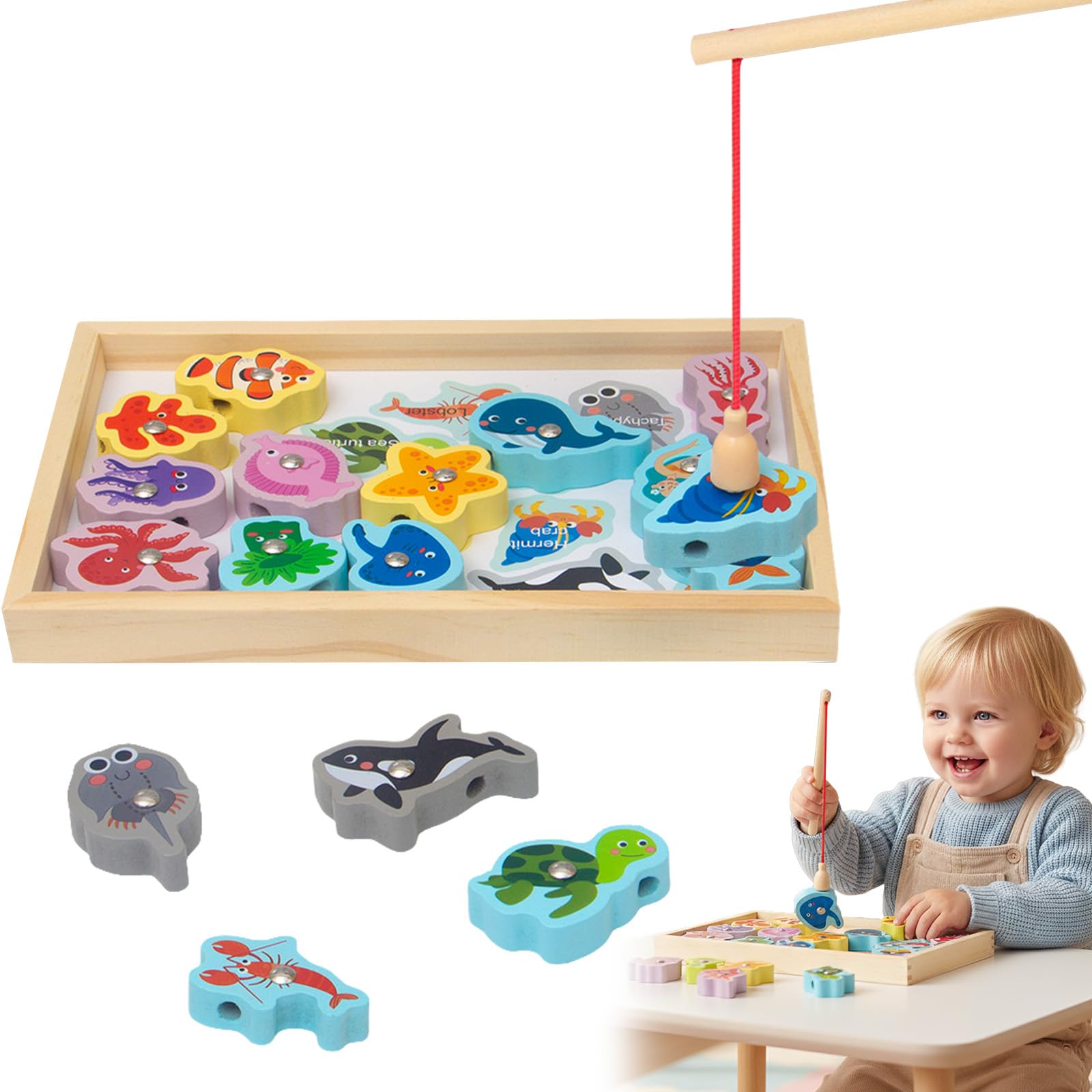 Magnetic Fishing Game – 19Pcs Wooden Montessori Fishing Toy with Fish Rod, Ocean Animal Beads, Educational Fine Motor Skill Toy, Birthday Christmas Gift, Preschool Learning Activity