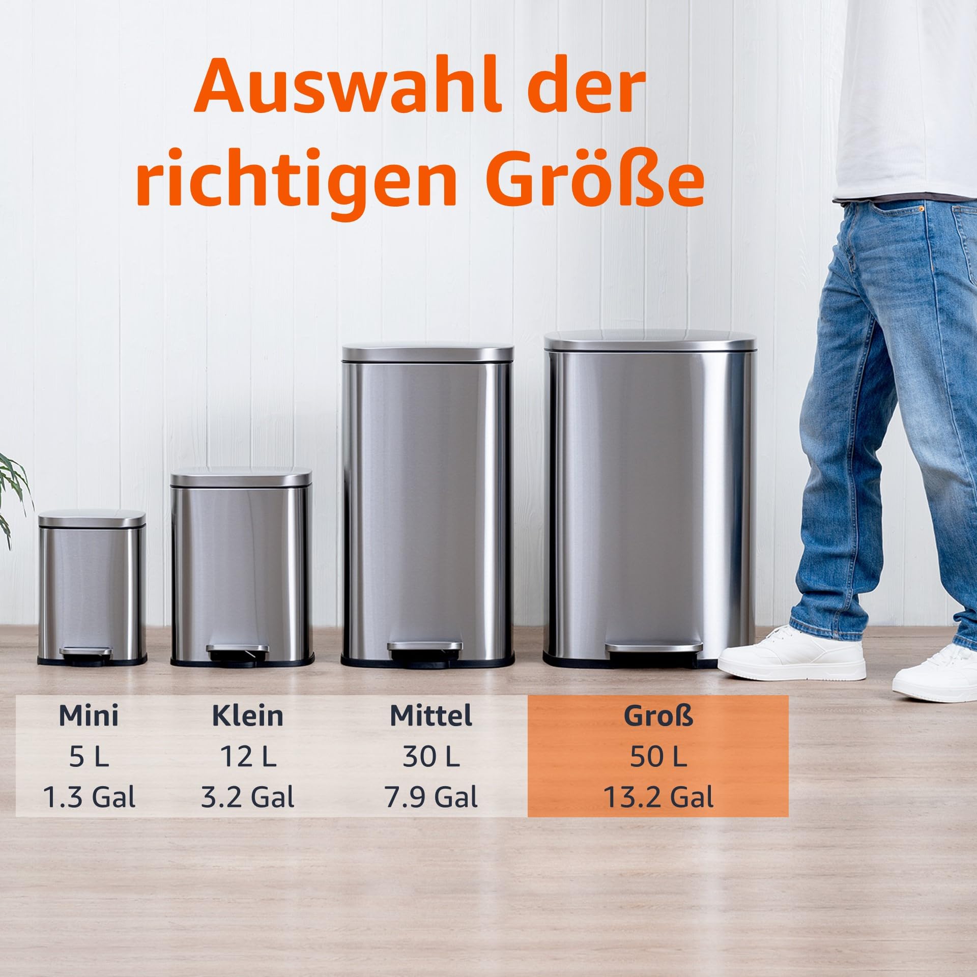 Amazon Basics Rechteckig 50 l Mülleimer für die Küche mit Stahlrohrpedal - Sanft Schließend mit Deckel, für Küche, Bad oder Büro, 13.2 gallons, Satiniertes Nickel