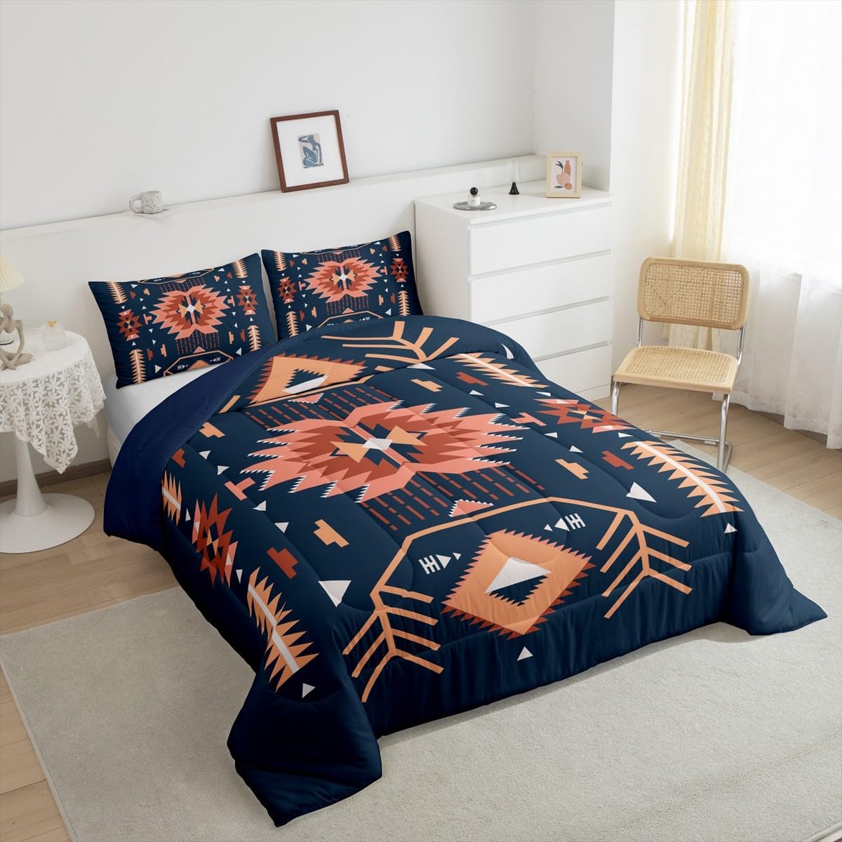 Southwest American Comforter Set Queen Size Indian Tribal Aztec Style Quilt Set Vintage Navy Blue Red Bedding Set 3pcs for Kids Teens Adults Room Decor Abstract Art Duvet Insert,2 Pillowcases