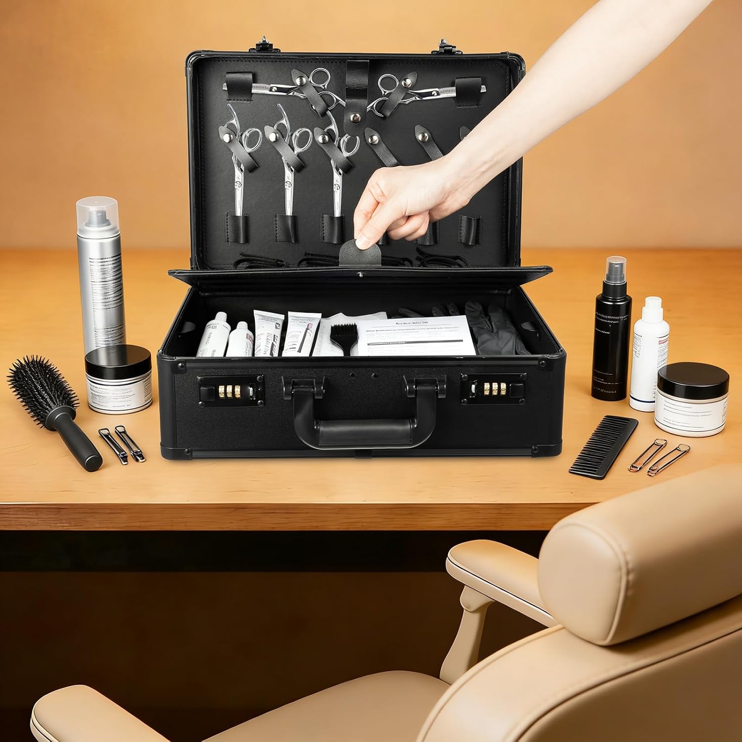 Professional Barber Case, Barber Tool Kits Storage, Double Layer Travel Barber Tool Box, Luxury Carrying Case for Beauty Hair Stylist Pet Groomer with Handle & Secure Numlock, Black