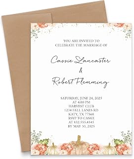 Modern Pink Paper Elegant Pumpkin Wedding Invitations, Personalized Fall Floral Wedding Invites with Pumpkins, Autumn Invitations, Fall Marriage Invite, Your choice of Quantity and Envelope Color