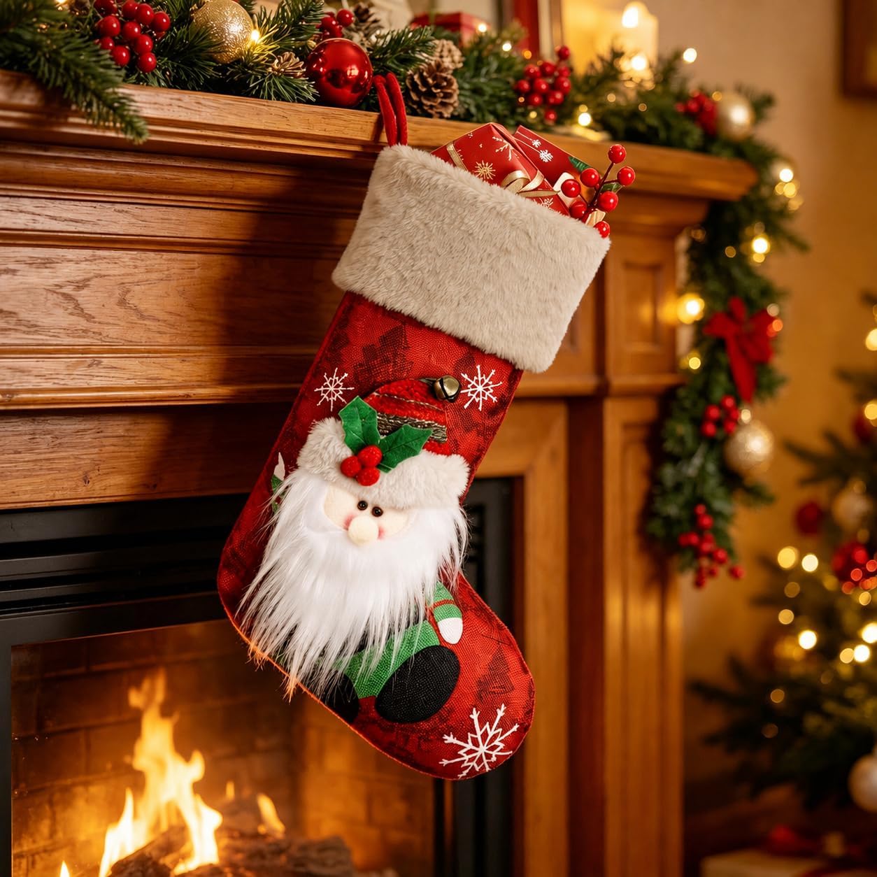 Bemaystar Christmas Stocking with Santa Design, 17.72 x 11.02 Inch Red Hanging Xmas Stocking with Grey Plush Cuff, Non-Woven Holiday Decoration for Fireplace Mantel Staircase Tree, 1 Pack