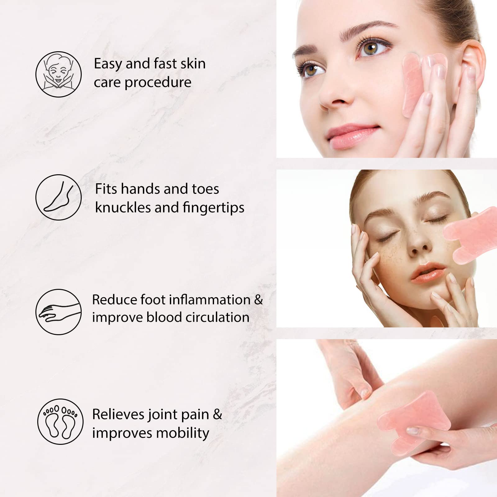 Gua Sha - Juego de 3 herramientas de masaje Guasha de cuarzo rosa, herramienta de raspado para cara, cuello, ojos y cuerpo, piedra de jade Guasha, paquete de 3 (rosa)