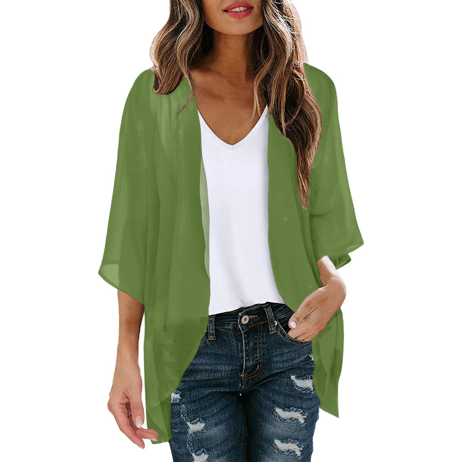 Huesdet Cardigan de Gasa para Mujer Kimono de Playa Boho Cover Up Suelto de Verano Tops Sencillo de Color Sólido Informal Cárdigan Ligero de Manga 3/4 EE31