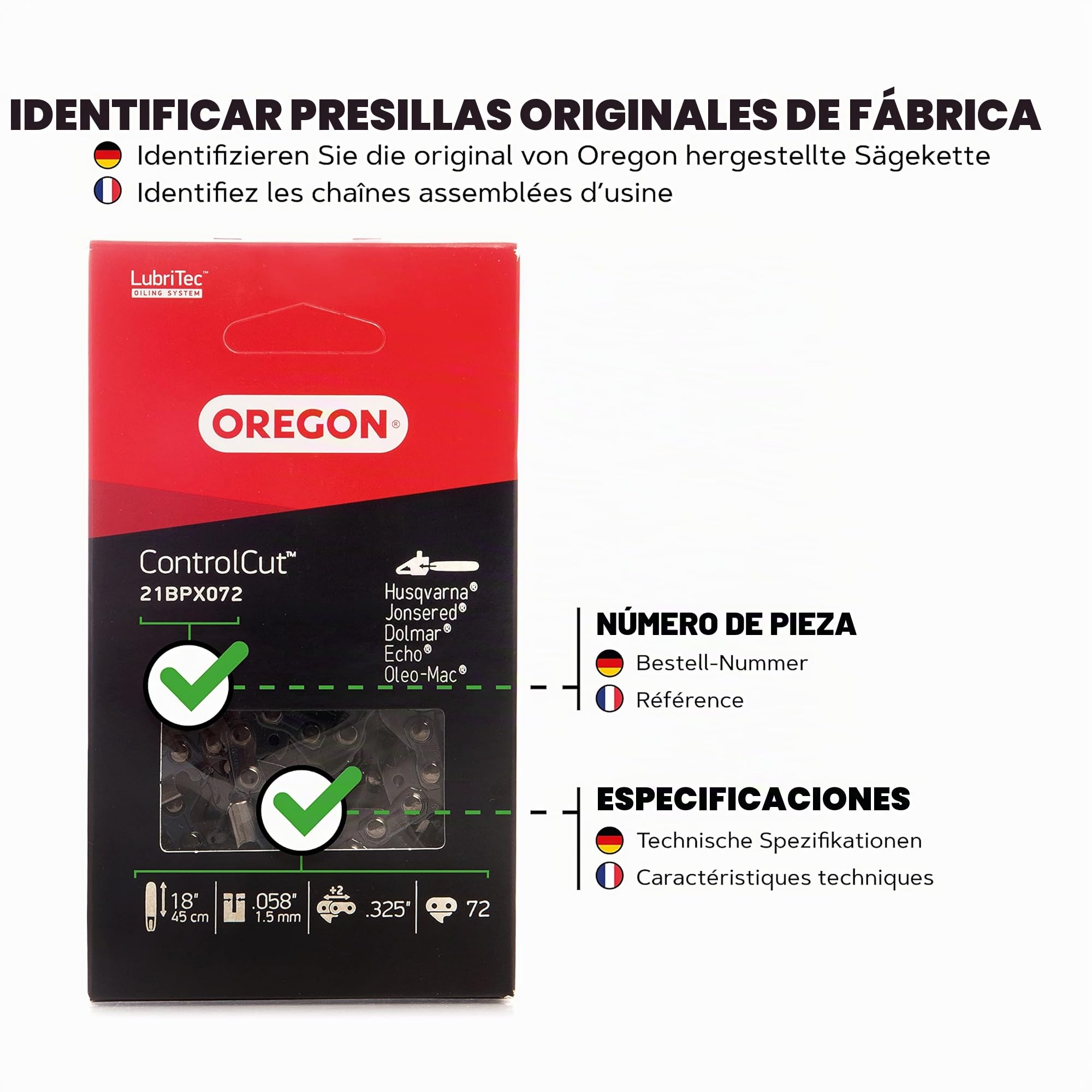 Oregon 21BPX072E Cadena de Motosierra ControlCut para Espada de 45 cm, 72 Eslabones, Compatible con Husqvarna, Hyundai, Alpina, Efco y muchas más