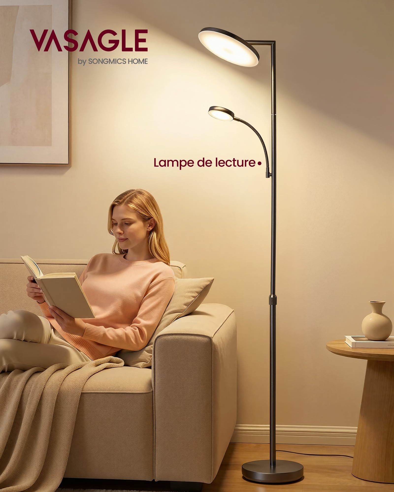 VASAGLE Lampadaire LED Réglable en Hauteur, Lampe sur Pied 42 W, Tête Orientable, pour Chambre, Bureau, Lampe de Lecture, Minuterie, Commande par Boutons et Télécommande, Noir Mat LFL028BD02 - 2