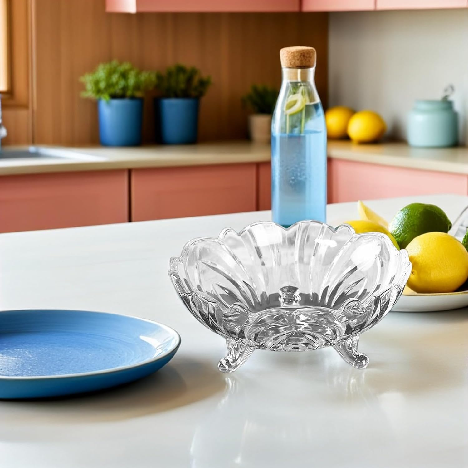 Toyvian 950ml Embossed Glass Fruit Bowl with Pedestal, European-style Multi-function Salad and Food Serving Tray for Household Dining and Entertaining