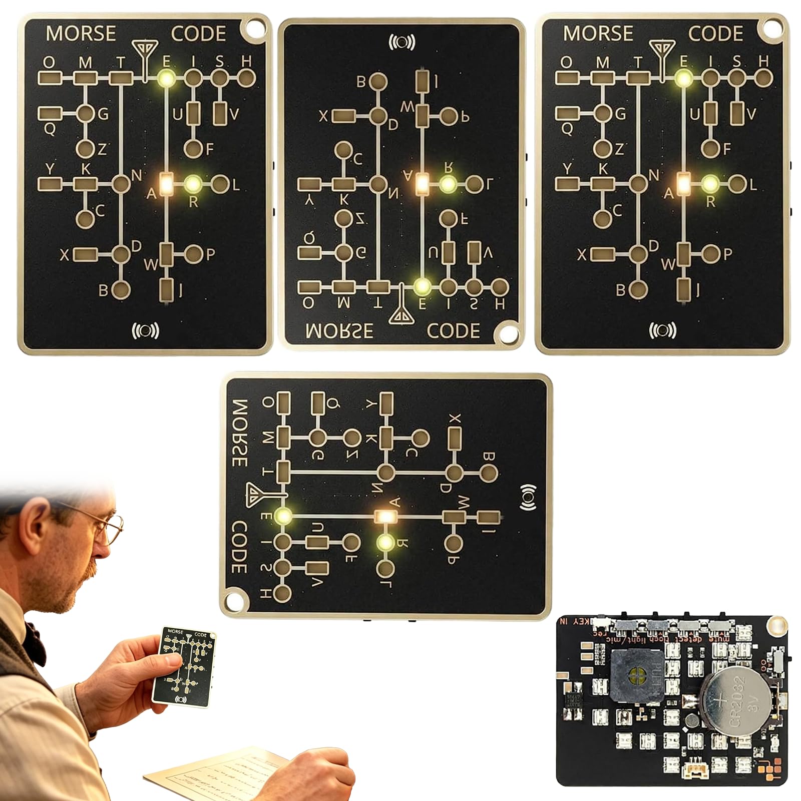Morse Code Trainer Card Pro (LED Edition), Audio Telegraph Practice Tool with Real-Time Feedback, Record & Playback, Portable Pocket-Sized PCB for Adult Learning (4PCS)