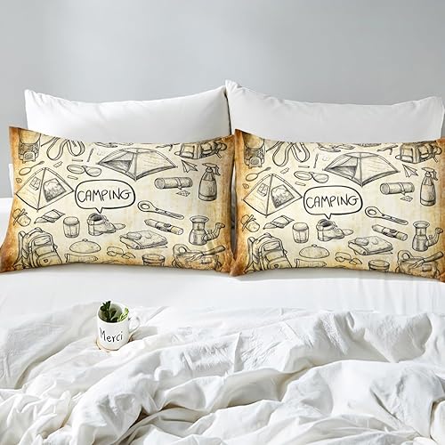 Vista 18 de Camper Decor Sábanas de cama Happy Camping, sábana bajera ajustable de campamento con juego de cama de montaña, juego de cama de verano para Multi 04