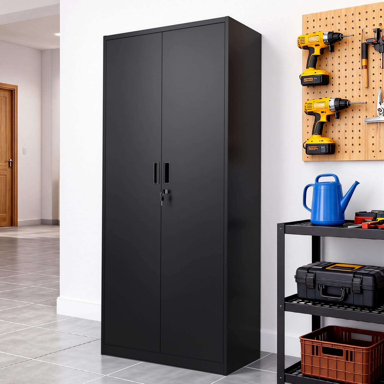 Bonnlo 180cm Tall Metal Storage Cabinet with Lock, 5 Shelves, Black