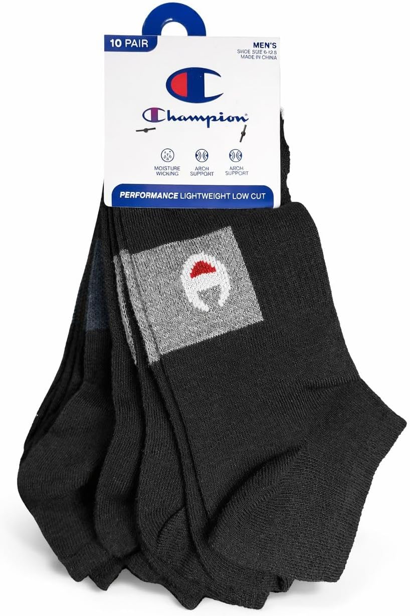 Champion Men's Lightweight Low Cut Socks – 10-pack Moisture-wicking Athletic Socks, Breathable Fit (Size 6-12)