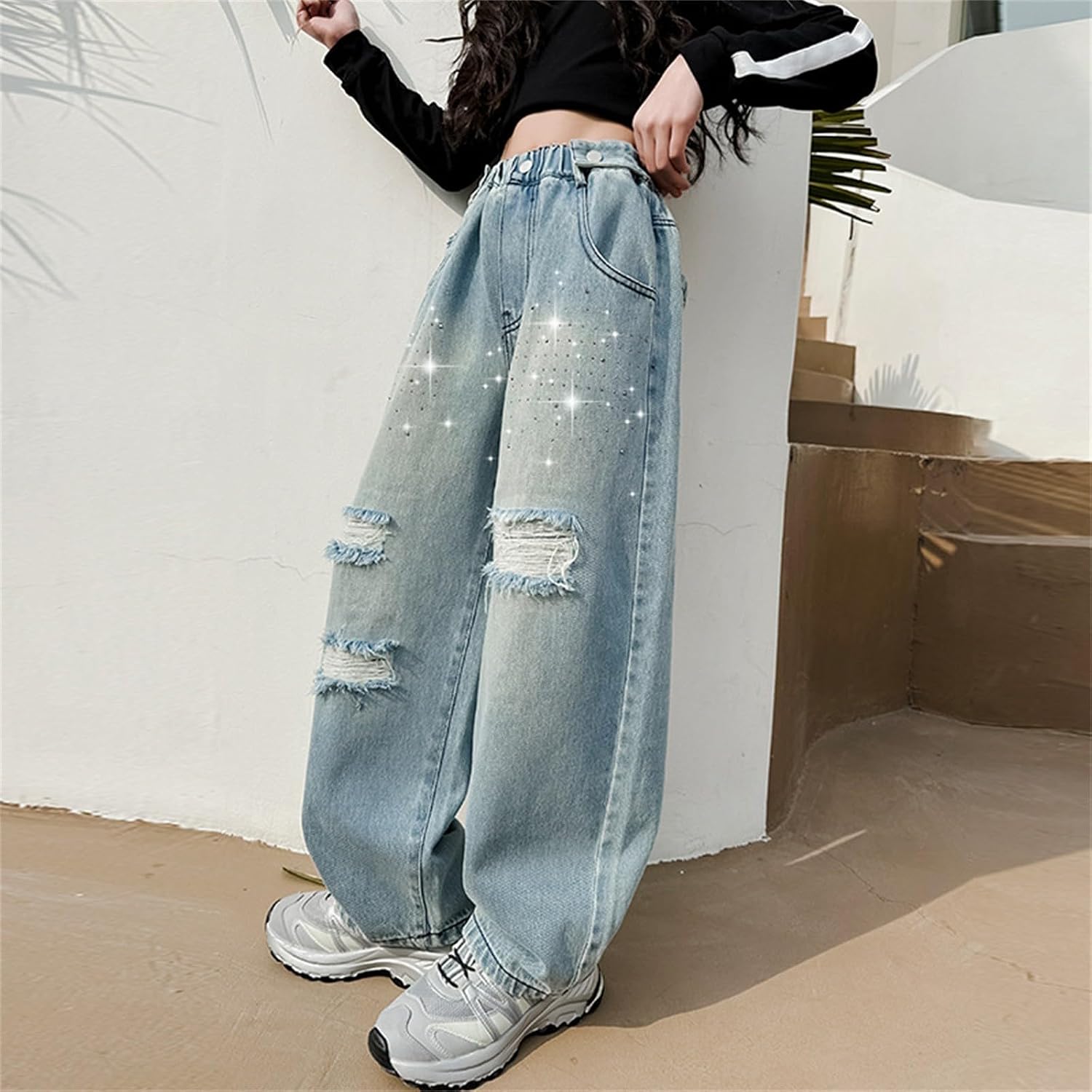 Tween Girls Ripped Jeans Distressed Baggy Denim Pants High Waisted Elastic Waist Jeans Y2K Streetwear Denim Joggers