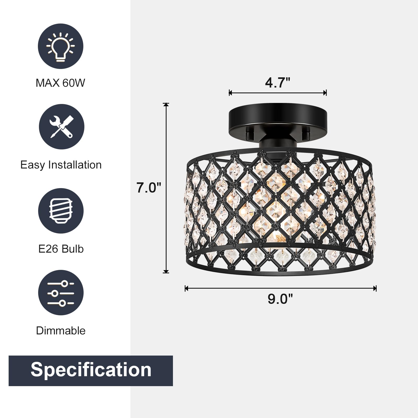Lámpara de techo de cristal negro, moderna lámpara de techo semiempotrada, lámpara redonda pequeña para pasillo, entrada, lavandería, cocina, dormitorio, vestíbulo, baño, 1 luz, 9 pulgadas 6