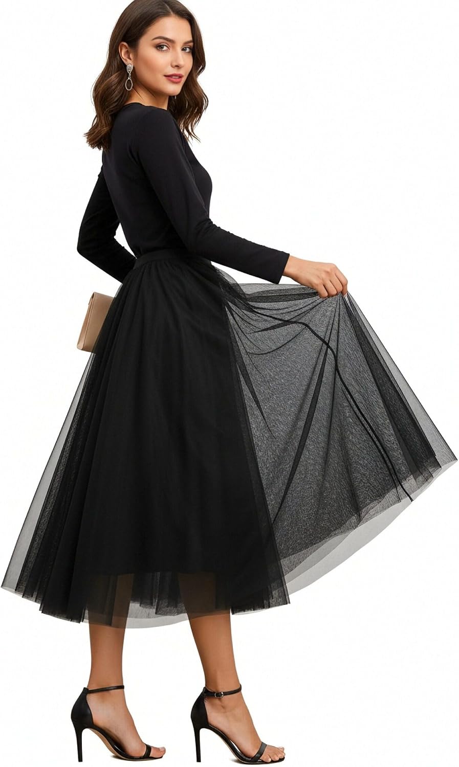 3-Season Women's Tulle Skirt Elastic High Waist A-Line Layered Flowy Long Tutu | Date Night Fall Party Casual Wear