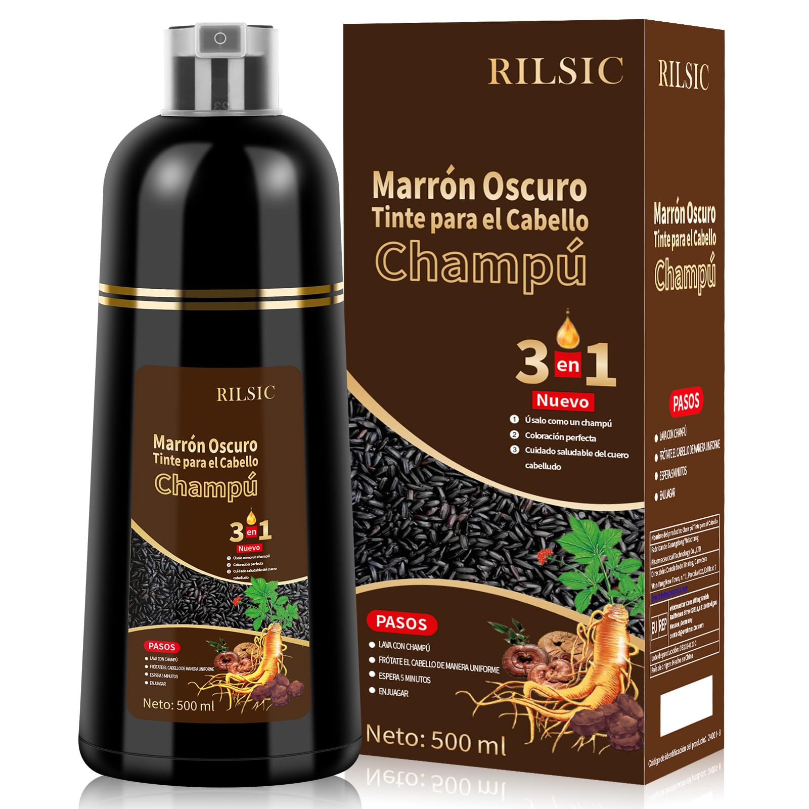 Champú Tinte Castaño Oscuro Cubre Canas, 500ML Hair Dye Shampoo 3 en 1, Champu Tinte Canas Mujer Hombre, Champú de Color Tinte Pelo, Pelo instantáneo, Cubre Canas En Minutos para Mujer Hombre