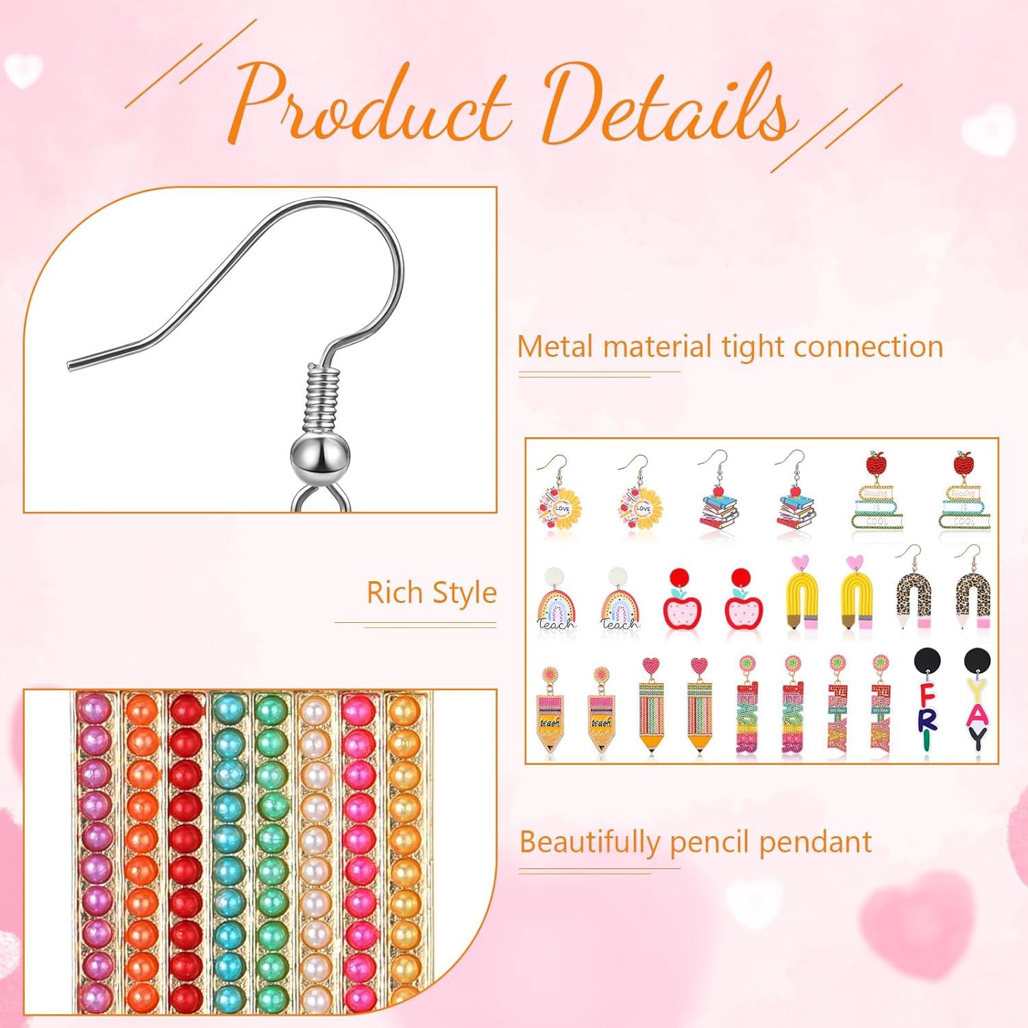 Batiyeer 12 Pairs Christmas Teacher Earrings for Women Pencil Earrings Christmas Gifts Teacher Appreciation Gifts Artist Painter Creative Rainbow Love Heart Acrylic Dangle Set(Rainbow) - Image 2