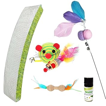 Emily Pets Cat Toys Kitten Toys Royal Combo- Cat Scratcher Card Board Feather Toy Cat Stick,Cat Interactive Toy Catnip, Chew Toy Teething Mouse Toy(Pack of 5,Color May Vary)