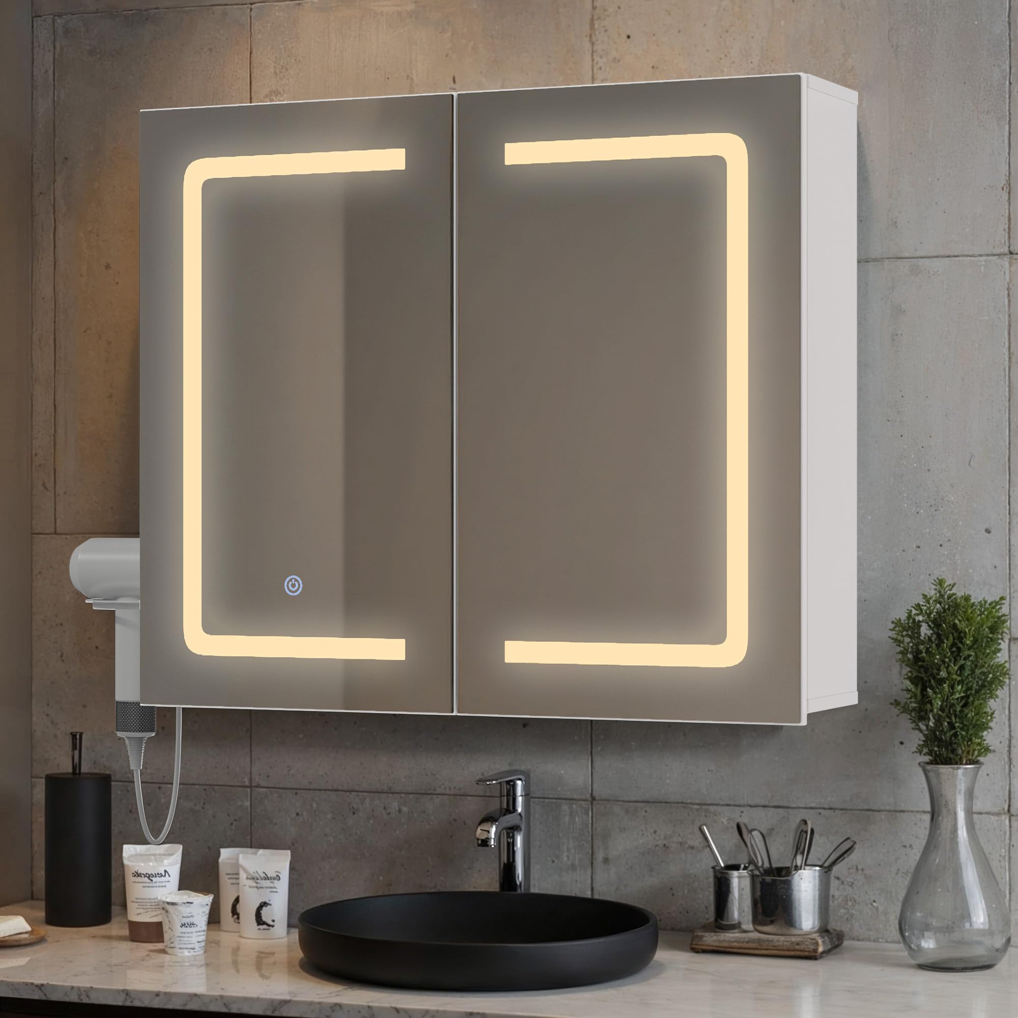 Armoire de Salle de Bains avec Miroir et Éclairage LED Dimmable, Capteur Tactile, Prise Électrique, Étagères Réglables, Double Porte en MDF de Haute Qualité, Blanc (60 x 70 cm)