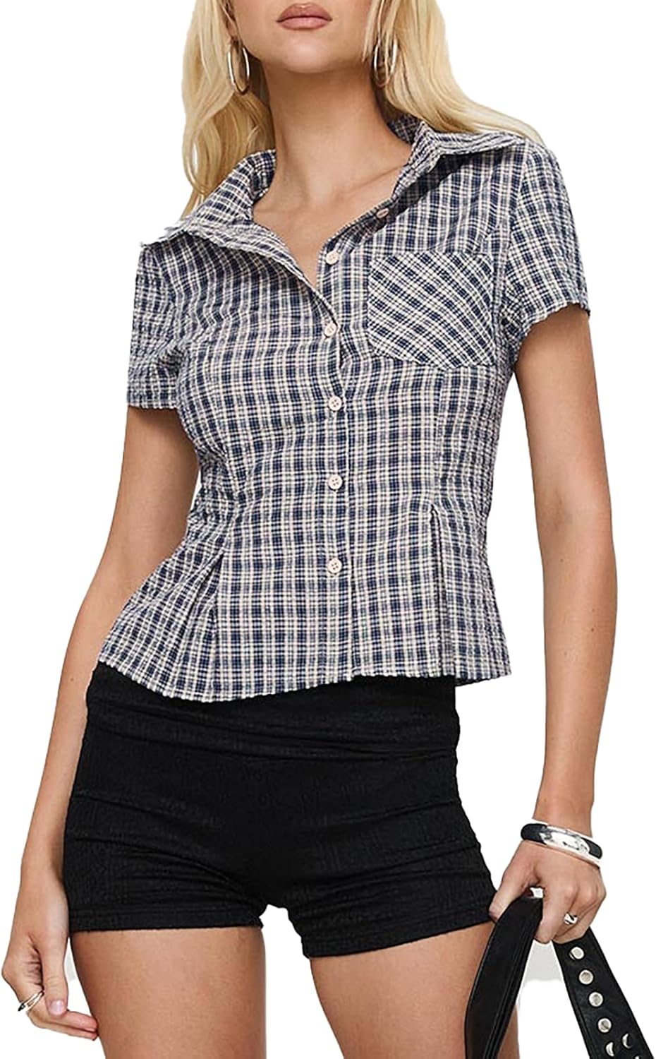 Womens Button Down Shirts Short Cap Sleeve V Neck Collared Plaid Waisted Blouses Summer Casual Tops - Image 3