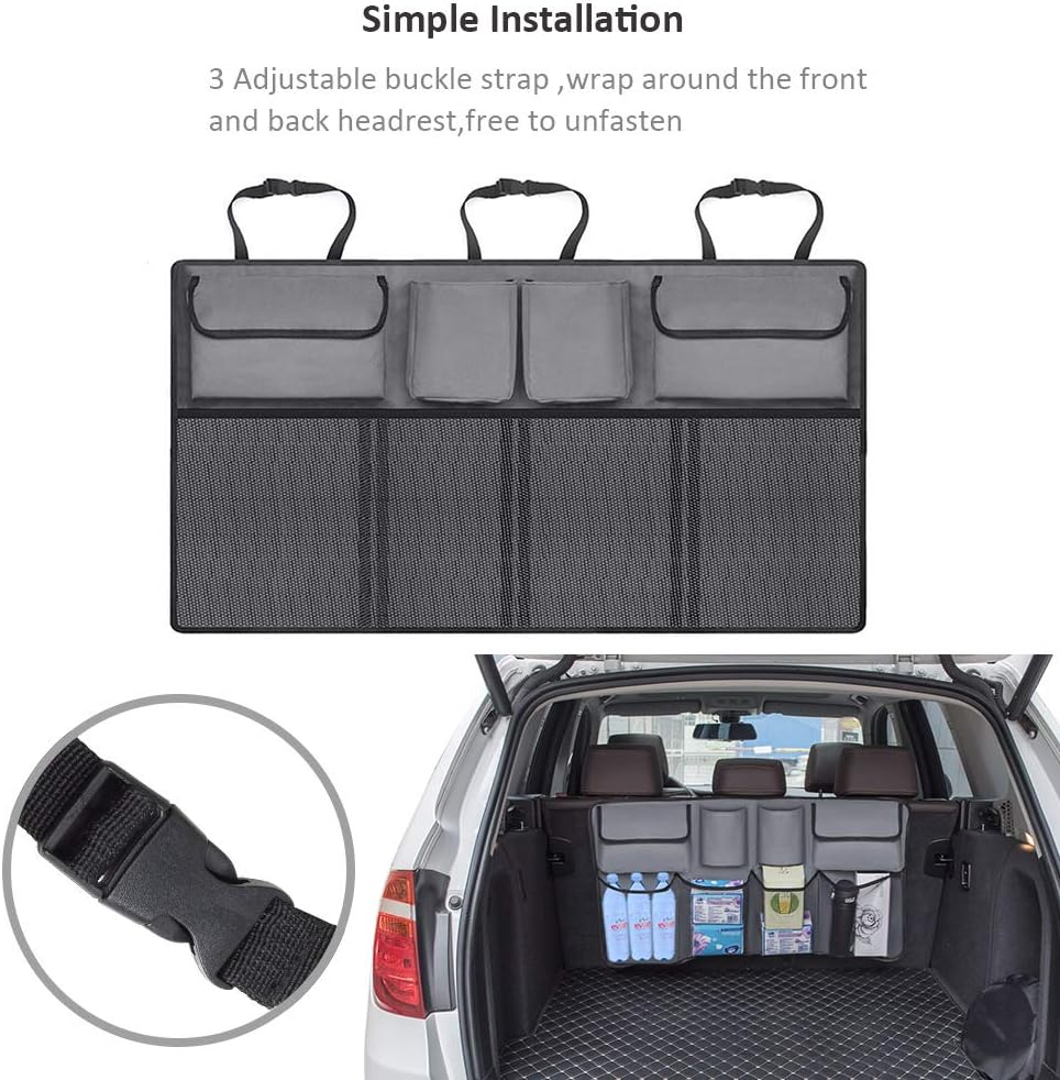 Car Trunk Organizer, 8 Pocket Backseat Trunk Organizer, Collapsible Cargo Net Storage for SUV, Truck, MPV, Space Saving Hanging Car Interior Accessories with Adjustable Straps for Men and Women, Grey
