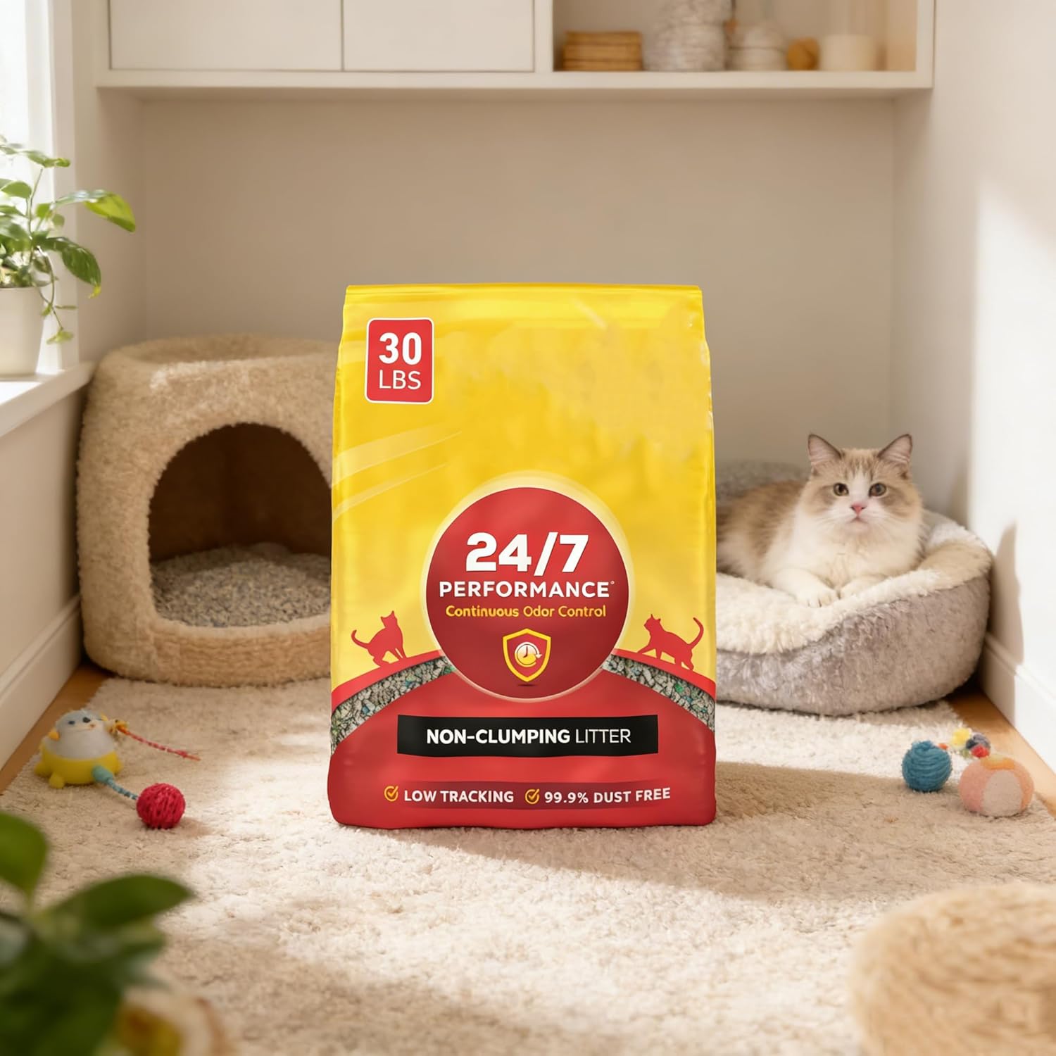 24/7 Non-Clumping Cat Litter, Clean Linen Scent, Odor Control Formula,30 lb Bag