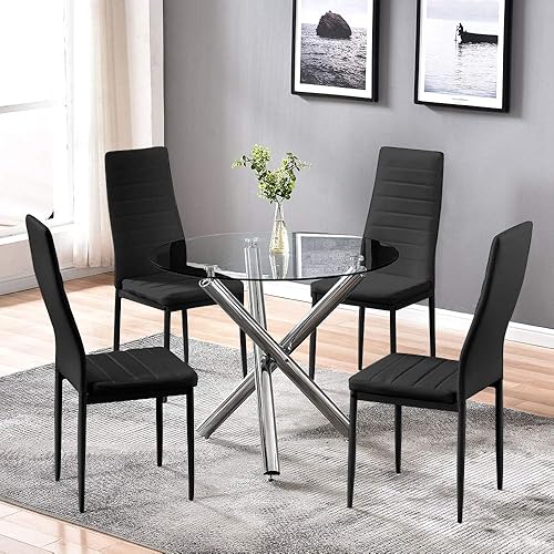 Mesa de comedor con sillas, juego de mesa de comedor de cristal moderno de vidrio templado y sillas de cuero sintético con sillas, muebles de