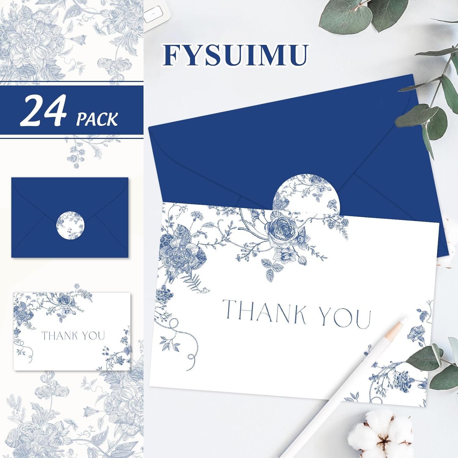 24 Pack Blue Floral Thank You Cards Bulk Chinoiserie Flower Note Cards with Envelopes Stickers Spring Greeting Blank Cards for Wedding Bridal Shower - Image 3