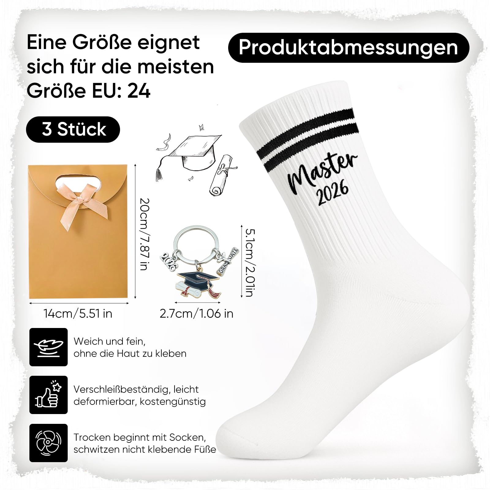 Master Abschluss Geschenk Set 2026 – Master Geschenk Socken Mit Strickmotiv Eu 36-44 , Edelstahl Schlüsselanhänger & Geschenktaschen – Graduation Gift Für Damen Herren, Geschenke Zum Masterabschluss