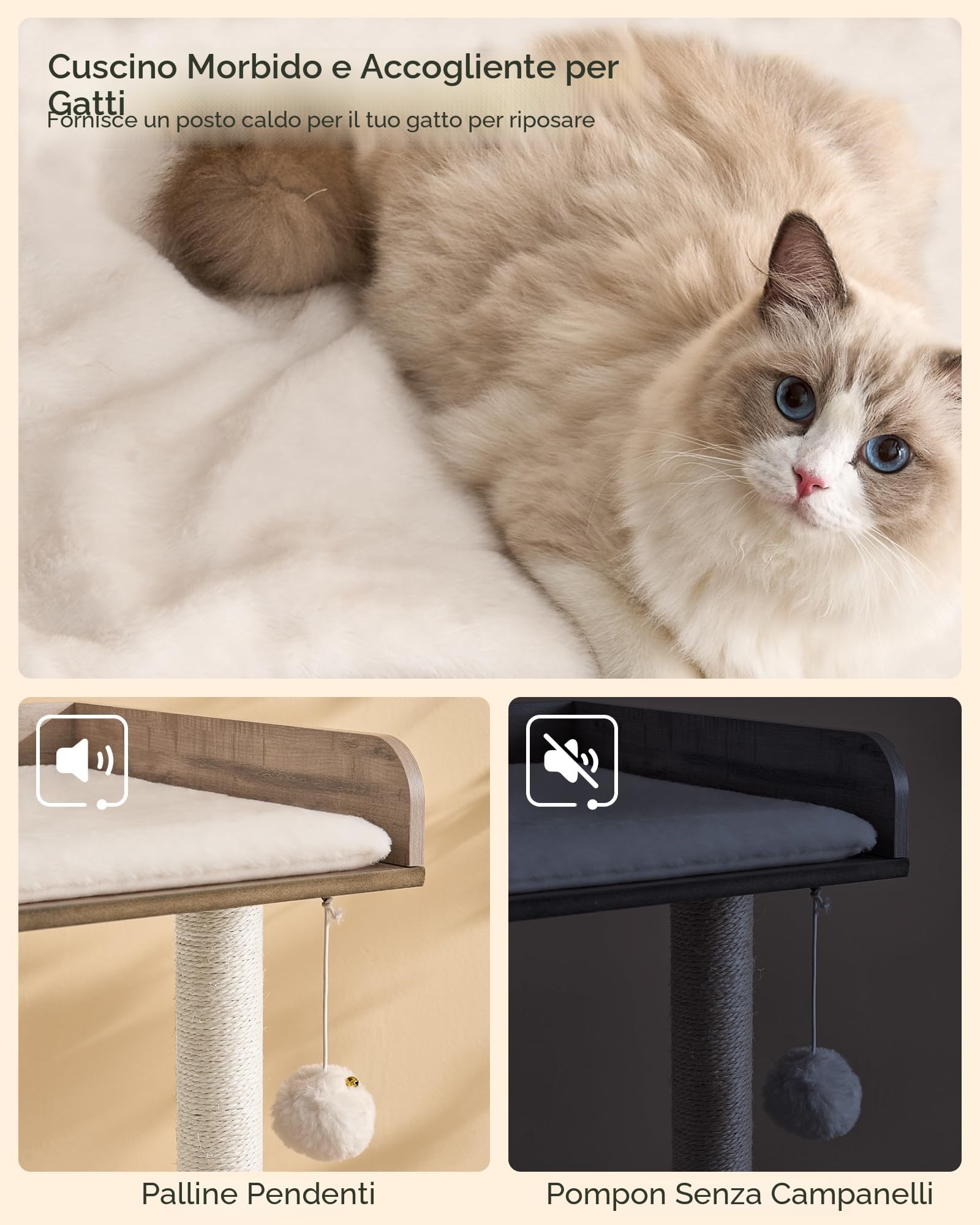 FourFurPets Albero per Gatti Alto 111 cm, Tiragraffi per Gatti,con 3 Pali Graffiatoi,2 Posatoi,Pompon,Greige
