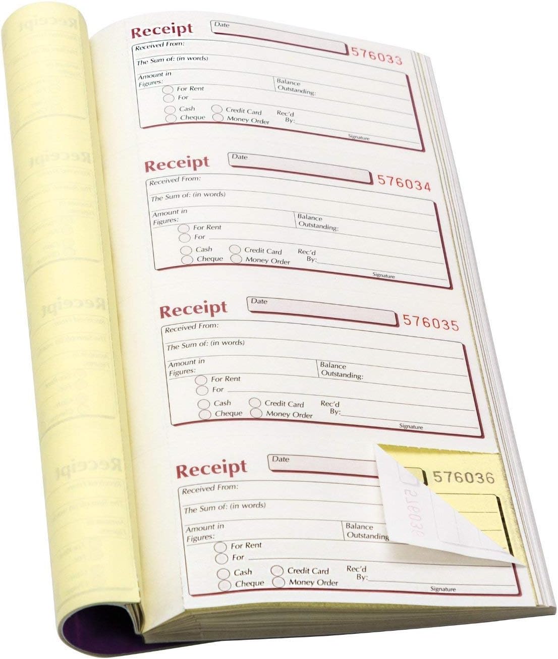 2 X Duplicate Receipt Book 140 x 276mm. 4 Receipts per Page. 200 Duplicate Sets. Micro-Perforated. Serially Numbered. Side Taped Book