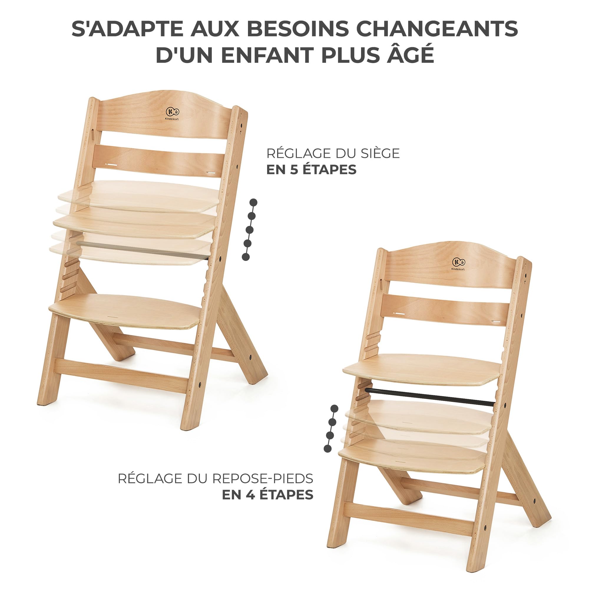 Kinderkraft ENOCK Chaise Haute Bébé + Transat CALMEE, Bois Naturel, Chaise d'alimentation Évolutive Réglable