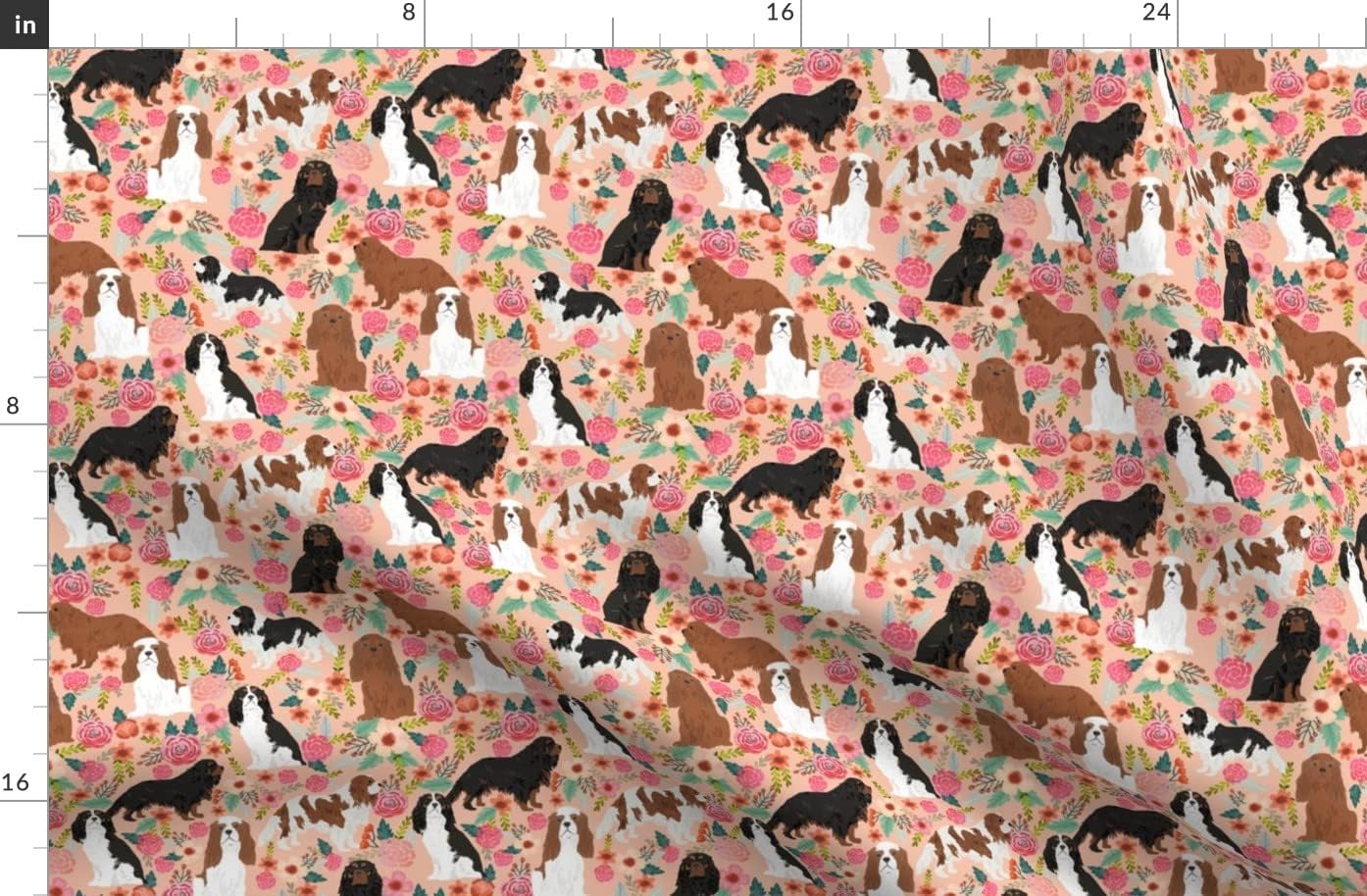 Spoonflower Fabric - Cavalier King Charles Spaniel Dogs Florals Flowers Cute Pets Vintage Printed on Organic Cotton Sateen Fabric by The Yard - Sewing Quilting Apparel Home Decor