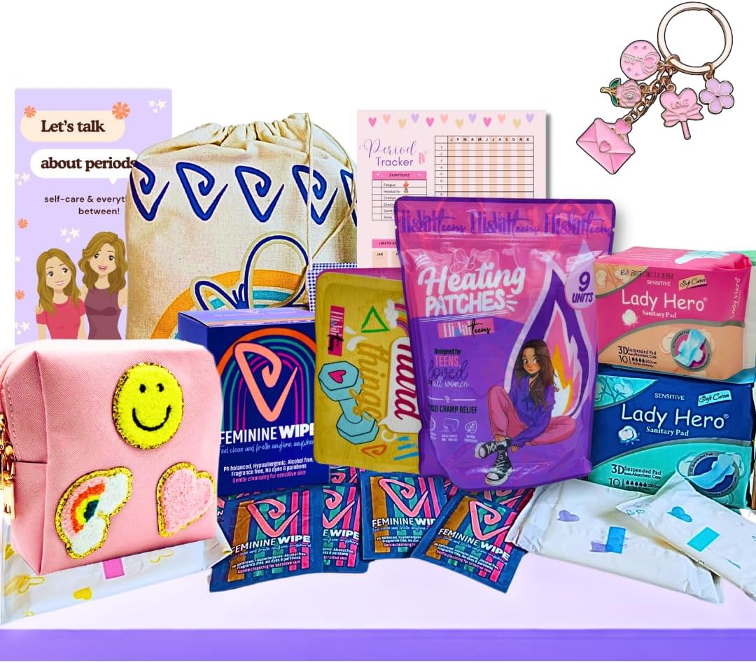 Tween Teens Period Starter Kit - First Period Kit for Girls 10-12, School Supplies - Comfort Fit Feminine Teen Pads, 56 Count