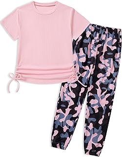Girls Clothes Ruched Drawstring Short Sleeve Knit Top and Camo Print Pants 2 Piece Girls Outfits