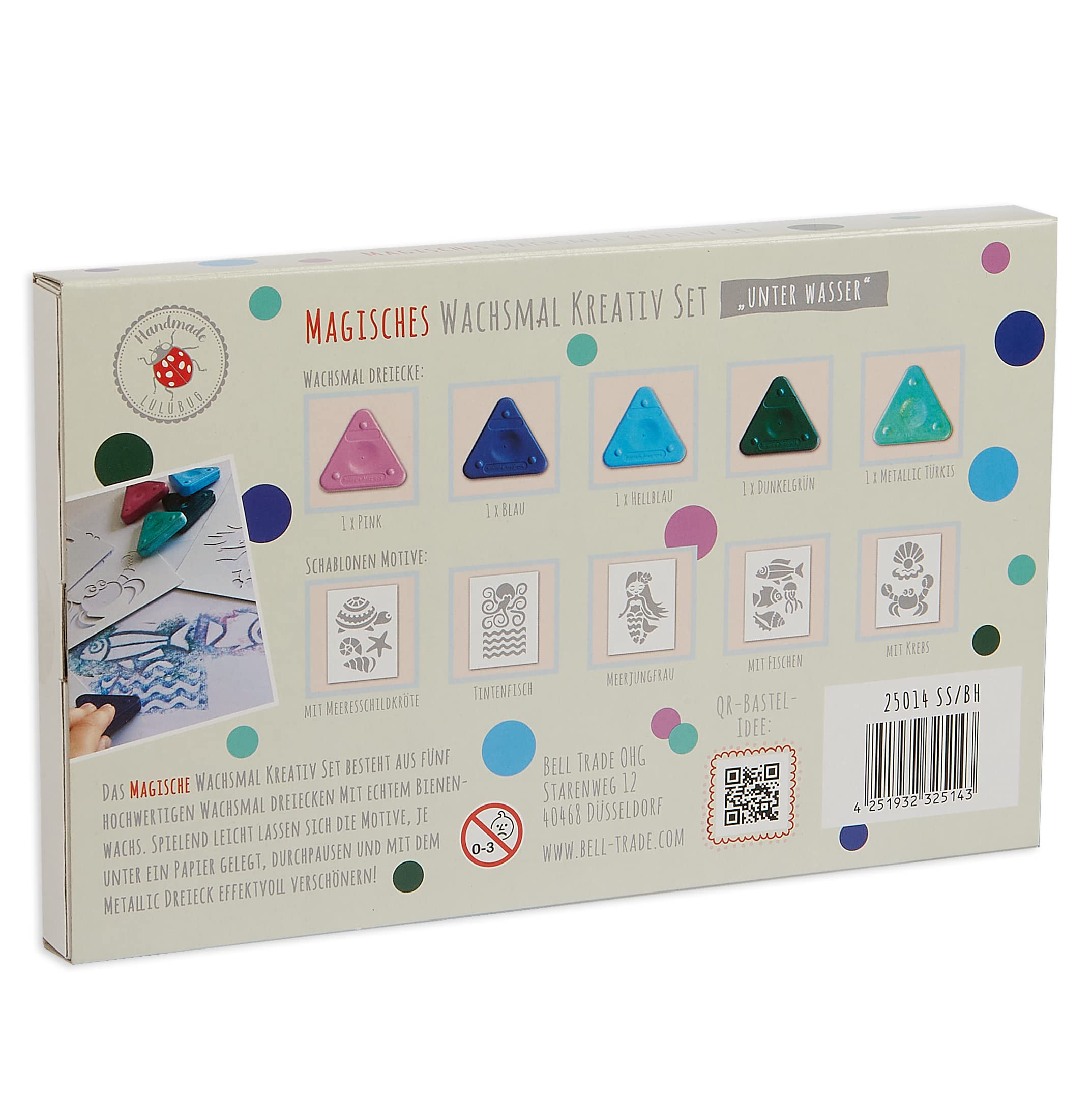 Lulubug Set magico per pittura a cera, 4 triangoli a cera, 1 triangolo di cera metallizzato, 5 stencil, pastelli a cera, motivo: veicoli