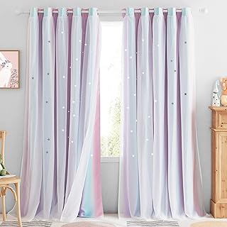 NICETOWN Star Window Curtains & Drapes - Grommet Top Blackout Ombre Curtains with White Sheer Overly for Living Room Kids Curtains for Bedroom Nursery, 70 W x 84 L in, Purple & Blue & Pink, 2 PCs