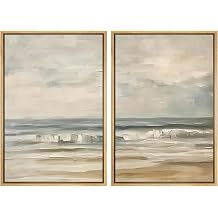 MUDECOR Framed Canvas Print Wall Art Set Beach Ocean with Waves and Sky, Neutral Blue and Beige Seascape Illustrations Modern Art Decorative Calm for Living Room, Bedroom, Office - 24"x36"x2 Natural