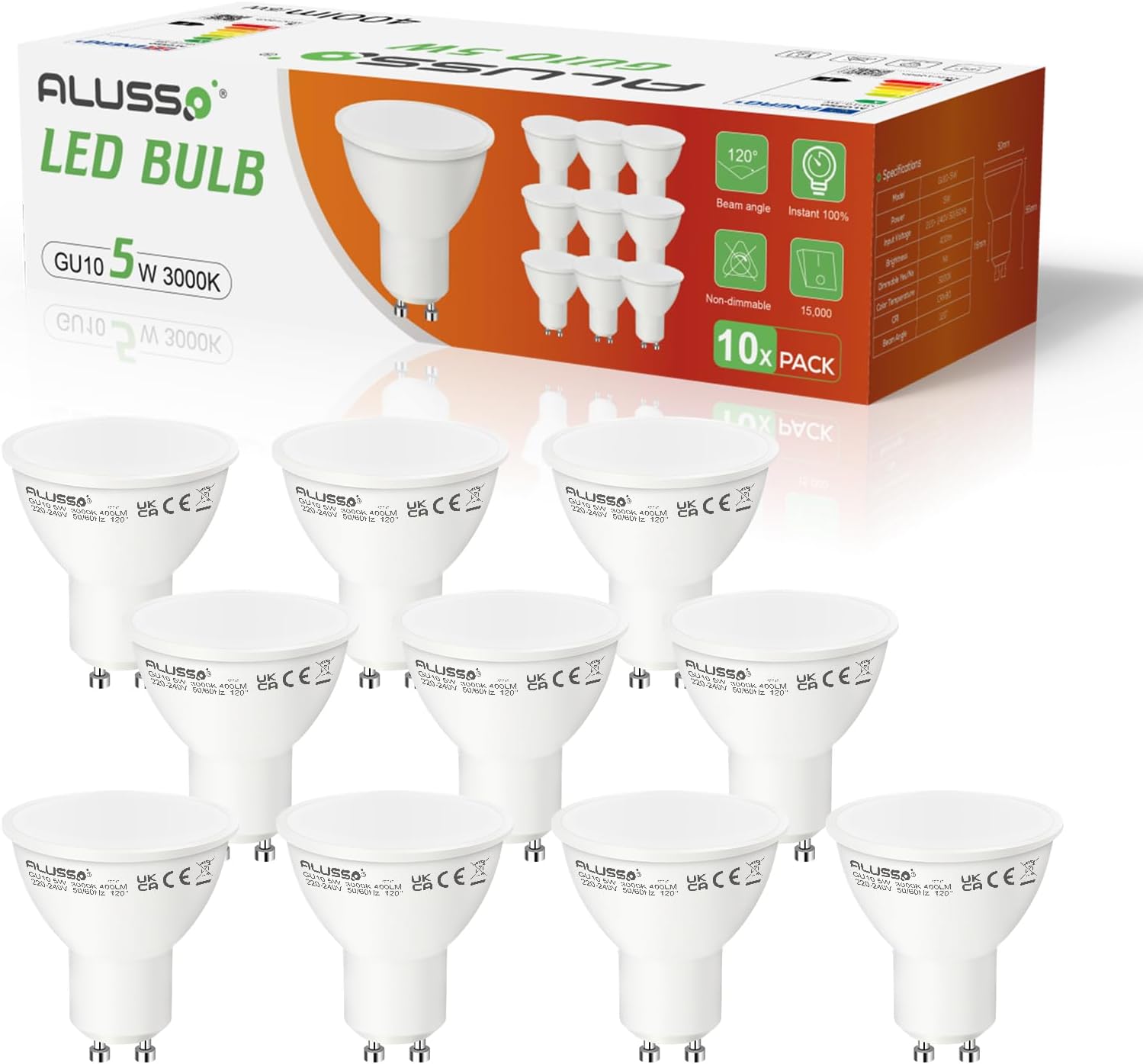 ALUSSO LIGHTING Pack of 10 GU10 Warm White 5W LED Bulbs Replaces 50W