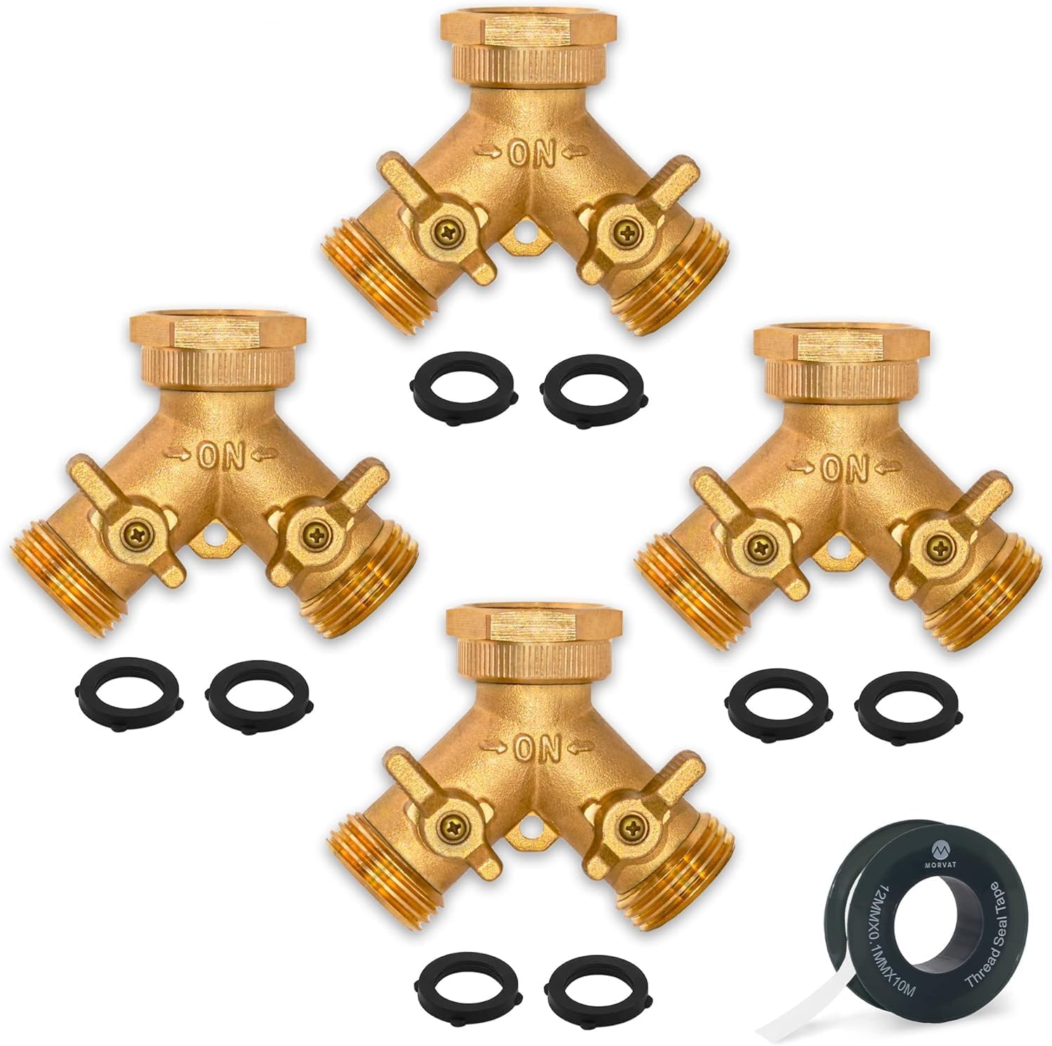 Morvat Brass 2-Way Y Splitter LEAD-FREE, Heavy-Duty Garden Hose Manifold Connector with Improved Comfort Grip ON/OFF Valves, Adapter for Water Faucet & Spigot, Extra 12 Washers, Teflon Tape (4-Pack)
