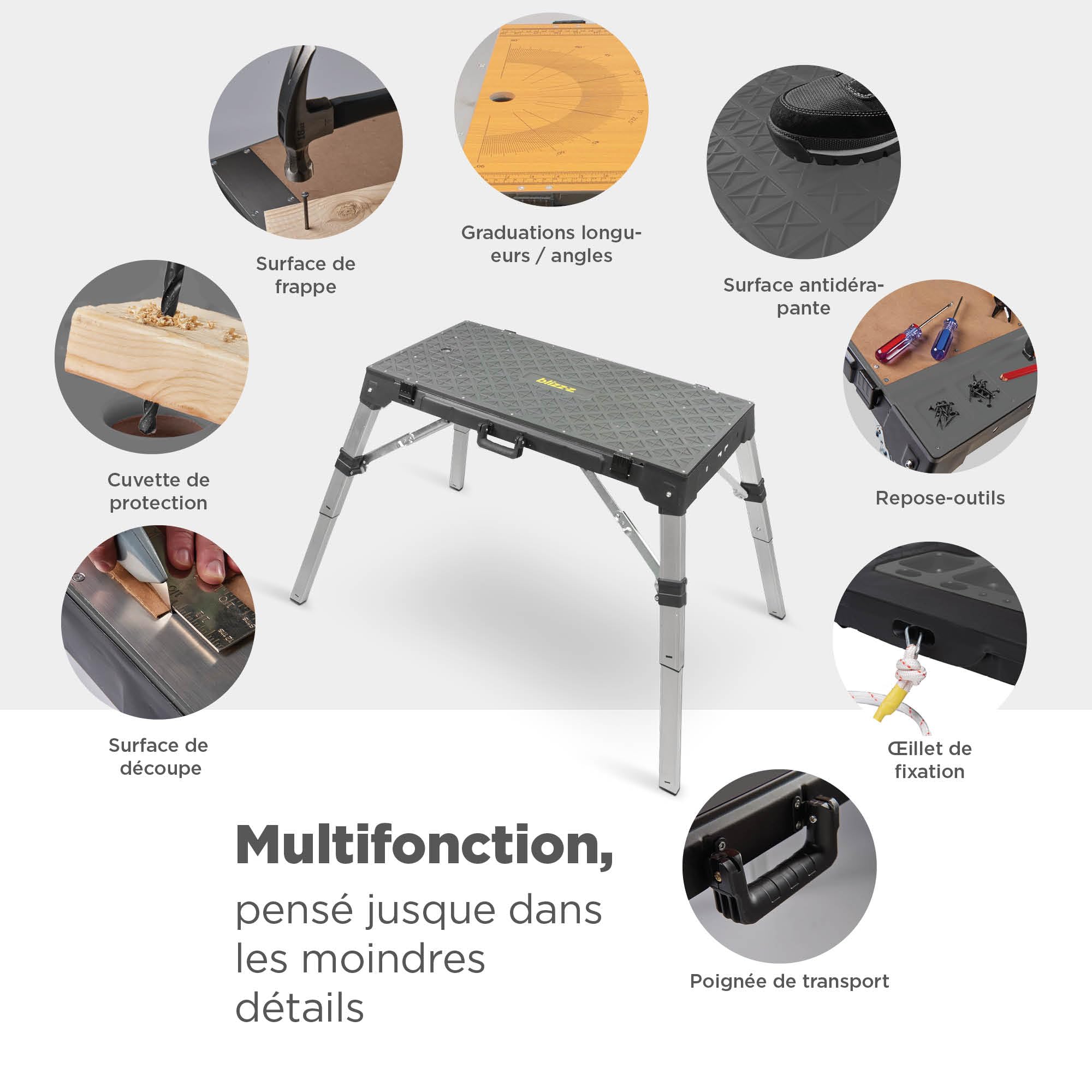 Table de Travail Multifonction 4-en-1 blizz-z, Dimensions 98 x 52 cm | Réglable en Hauteur, Pliable, Portable | Utilisation Polyvalente : comme établi, Chariot de Transport ou Table de Travail