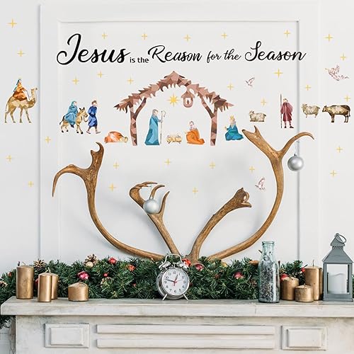 Miniatura 7 de Calcomanía de pared con diseño de belén de Navidad, calcomanías de pared coloridas religiosas, vinilo cristiano, extraíble, moderno, decoración